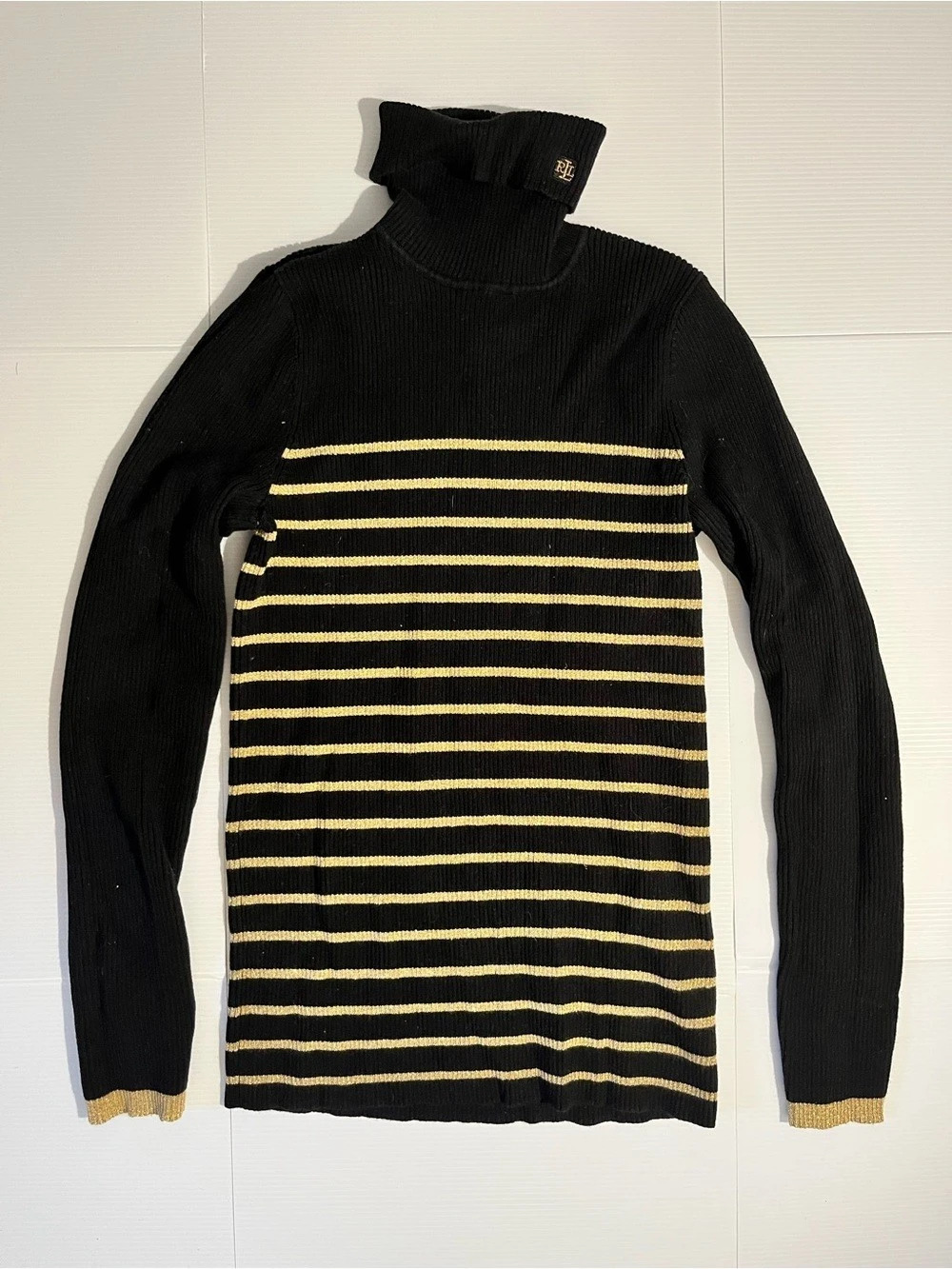 Lauren Ralph Lauren Striped Turtleneck Sweater in Black & Yellow Size Medium